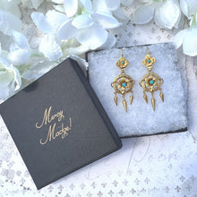 Carica l'immagine nel visualizzatore di Gallery, Antique Victorian 18ct Gold Turquoise Forget-Me-Not Drop Earrings. Yellow Gold & Blue Gemstone Etruscan Revival Pendant Drop Hook Earrings