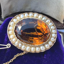 Load image into Gallery viewer, Antique Georgian 25ct Oval Cut Citrine & Pearl 15ct Gold Brooch. Victorian Rose Gold Scottish Cairngorm Golden Citrine Seed Pearl Brooch