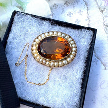 Load image into Gallery viewer, Antique Georgian 25ct Oval Cut Citrine & Pearl 15ct Gold Brooch. Victorian Rose Gold Scottish Cairngorm Golden Citrine Seed Pearl Brooch