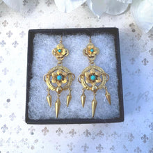Carica l'immagine nel visualizzatore di Gallery, Antique Victorian 18ct Gold Turquoise Forget-Me-Not Drop Earrings. Yellow Gold & Blue Gemstone Etruscan Revival Pendant Drop Hook Earrings
