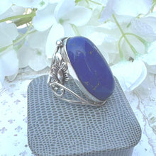 Load image into Gallery viewer, Incredible Vintage Arts & Crafts 70ct Lapis Lazuli Silver Ring. Huge Art-Nouveau Inspired Mid-Century Blue Lapis Cabochon Ring Size R/8-3/4
