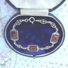 Carica l'immagine nel visualizzatore di Gallery, Antique Art Deco Sterling Silver Sugar Loaf Carnelian Cabochon Bracelet. Geometric Scottish Red Carnelian Gemstone Silver Panel Bracelet