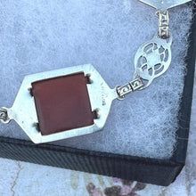 Carica l'immagine nel visualizzatore di Gallery, Antique Art Deco Sterling Silver Sugar Loaf Carnelian Cabochon Bracelet. Geometric Scottish Red Carnelian Gemstone Silver Panel Bracelet