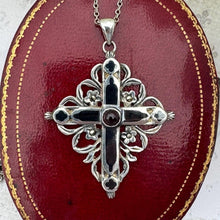Charger l'image dans la galerie, Antique Victorian Silver Enamel Garnet Mourning Cross Pendant Necklace. Medieval Style Sterling Silver Bohemian Garnet Cross & Long Chain