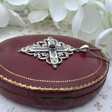 Charger l'image dans la galerie, Antique Victorian Silver Enamel Garnet Mourning Cross Pendant Necklace. Medieval Style Sterling Silver Bohemian Garnet Cross & Long Chain