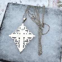 Charger l'image dans la galerie, Antique Victorian Silver Enamel Garnet Mourning Cross Pendant Necklace. Medieval Style Sterling Silver Bohemian Garnet Cross & Long Chain