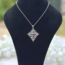 Charger l'image dans la galerie, Antique Victorian Silver Enamel Garnet Mourning Cross Pendant Necklace. Medieval Style Sterling Silver Bohemian Garnet Cross & Long Chain