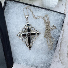Charger l'image dans la galerie, Antique Victorian Silver Enamel Garnet Mourning Cross Pendant Necklace. Medieval Style Sterling Silver Bohemian Garnet Cross & Long Chain