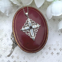 Charger l'image dans la galerie, Antique Victorian Silver Enamel Garnet Mourning Cross Pendant Necklace. Medieval Style Sterling Silver Bohemian Garnet Cross & Long Chain