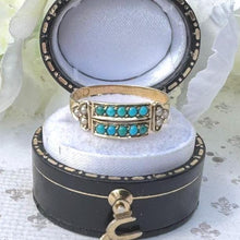 Load image into Gallery viewer, Antique Victorian Turquoise & Pearl 15ct Yellow Gold Split Band Ring, Dated 1876. Dainty Half Hoop Gemstone Stacking Ring Size N.5 UK/ 7 US