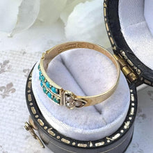 Load image into Gallery viewer, Antique Victorian Turquoise & Pearl 15ct Yellow Gold Split Band Ring, Dated 1876. Dainty Half Hoop Gemstone Stacking Ring Size N.5 UK/ 7 US