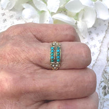 Carica l'immagine nel visualizzatore di Gallery, Antique Victorian Turquoise & Pearl 15ct Yellow Gold Split Band Ring, Dated 1876. Antique Half Hoop Gemstone Stacking Ring Size N.5 UK/ 7 US