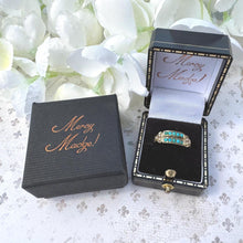 Load image into Gallery viewer, Antique Victorian Turquoise & Pearl 15ct Yellow Gold Split Band Ring, Dated 1876. Dainty Half Hoop Gemstone Stacking Ring Size N.5 UK/ 7 US