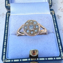 Load image into Gallery viewer, Antique Victorian 15ct Gold Rose-Cut Diamond & Pearl Octagonal Shaped Ring. Old Cut Diamond and Seed Pearl Halo Ring, UK Size O, US 8