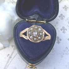 Load image into Gallery viewer, Antique Victorian 15ct Gold Rose-Cut Diamond & Pearl Octagonal Shaped Ring. Old Cut Diamond and Seed Pearl Halo Ring, UK Size O, US 8