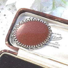 Load image into Gallery viewer, Vintage English Silver Goldstone Oval Brooch. Victorian Scottish Inspired Sterling Silver Aventurine Glass Cabochon Brooch, Paul Edward Bunn