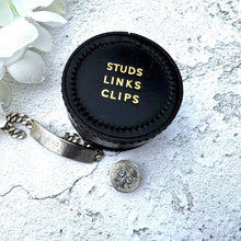 Carica l'immagine nel visualizzatore di Gallery, Vintage English Leather Gents Stud Jewellery Box. Drum Shaped Black & Gold Stud, Link, Clip Box. Collection/ Display/Travel/Storage/Gift Box