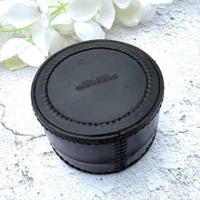 Carica l'immagine nel visualizzatore di Gallery, Vintage English Leather Gents Stud Jewellery Box. Drum Shaped Black & Gold Stud, Link, Clip Box. Collection/ Display/Travel/Storage/Gift Box