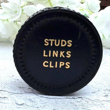 Carica l'immagine nel visualizzatore di Gallery, Vintage English Leather Gents Stud Jewellery Box. Drum Shaped Black & Gold Stud, Link, Clip Box. Collection/ Display/Travel/Storage/Gift Box