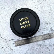Carica l'immagine nel visualizzatore di Gallery, Vintage English Leather Gents Stud Jewellery Box. Drum Shaped Black & Gold Stud, Link, Clip Box. Collection/ Display/Travel/Storage/Gift Box