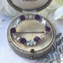 Load image into Gallery viewer, Vintage Sterling Silver & Amethyst Scottish Thistle Wreath Brooch. Ward Brothers Silver Ring Lapel Pin Brooch.