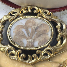 Carica l'immagine nel visualizzatore di Gallery, Antique Victorian Gold Gilt & Black Enamel Mourning Brooch With Prince of Wales Hairwork. Antique Sentimental Mourning Jewellery.