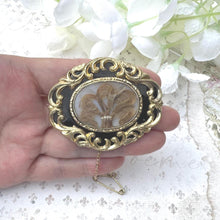Carica l'immagine nel visualizzatore di Gallery, Antique Victorian Gold Gilt & Black Enamel Mourning Brooch With Prince of Wales Hairwork. Antique Sentimental Mourning Jewellery.