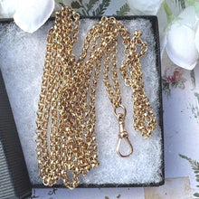Carica l'immagine nel visualizzatore di Gallery, Antique Victorian 9ct Gold 53" Long Guard Chain Necklace. Gold Filled Belcher Chain With Solid 9ct Gold Dog-Clip. Muff Chain Necklace