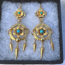 Carica l'immagine nel visualizzatore di Gallery, Antique Victorian 18ct Gold Turquoise Forget-Me-Not Drop Earrings. Yellow Gold & Blue Gemstone Etruscan Revival Pendant Drop Hook Earrings