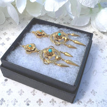 Carica l'immagine nel visualizzatore di Gallery, Antique Victorian 18ct Gold Turquoise Forget-Me-Not Drop Earrings. Yellow Gold & Blue Gemstone Etruscan Revival Pendant Drop Hook Earrings