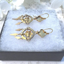 Carica l'immagine nel visualizzatore di Gallery, Antique Victorian 18ct Gold Turquoise Forget-Me-Not Drop Earrings. Yellow Gold & Blue Gemstone Etruscan Revival Pendant Drop Hook Earrings