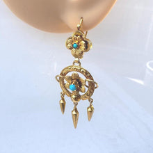 Carica l'immagine nel visualizzatore di Gallery, Antique Victorian 18ct Gold Turquoise Forget-Me-Not Drop Earrings. Yellow Gold & Blue Gemstone Etruscan Revival Pendant Drop Hook Earrings