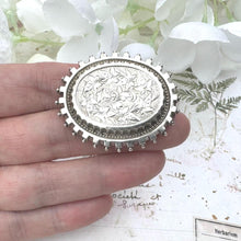 Carica l'immagine nel visualizzatore di Gallery, Antique Victorian Sterling Silver Locket Brooch With Photo Compartment. Oval Aesthetic Engraved Ivy Victorian Sweetheart Brooch/Lapel Pin