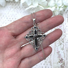 Charger l'image dans la galerie, Antique Victorian Silver Enamel Garnet Mourning Cross Pendant Necklace. Medieval Style Sterling Silver Bohemian Garnet Cross & Long Chain