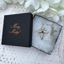 Charger l'image dans la galerie, Antique Victorian Silver Enamel Garnet Mourning Cross Pendant Necklace. Medieval Style Sterling Silver Bohemian Garnet Cross & Long Chain