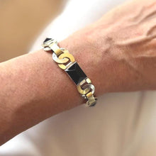 Carica l'immagine nel visualizzatore di Gallery, Antique Art Deco Gold & Silver Onyx Eternity Ring Bracelet. Black Sugar Loaf Gemstone Eternal Bond Bracelet. Geometric Silver Panel Bracelet