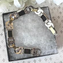Carica l'immagine nel visualizzatore di Gallery, Antique Art Deco Gold & Silver Onyx Eternity Ring Bracelet. Black Sugar Loaf Gemstone Eternal Bond Bracelet. Geometric Silver Panel Bracelet