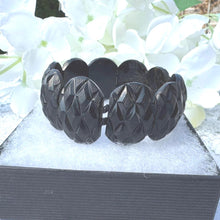 Load image into Gallery viewer, Antique Victorian Carved Whitby Jet Bracelet. Wide Faceted Black Gemstone Mourning Bracelet. Antique Whitby Jet Stretch Cuff Bracelet