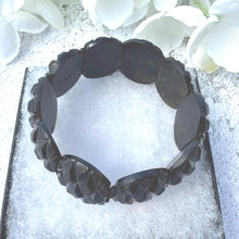 Load image into Gallery viewer, Antique Victorian Carved Whitby Jet Bracelet. Wide Faceted Black Gemstone Mourning Bracelet. Antique Whitby Jet Stretch Cuff Bracelet