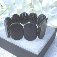 Load image into Gallery viewer, Antique Victorian Carved Whitby Jet Bracelet. Wide Faceted Black Gemstone Mourning Bracelet. Antique Whitby Jet Stretch Cuff Bracelet
