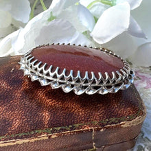Load image into Gallery viewer, Vintage English Silver Goldstone Oval Brooch. Victorian Scottish Inspired Sterling Silver Aventurine Glass Cabochon Brooch, Paul Edward Bunn