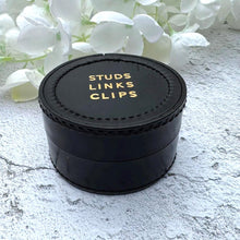 Carica l'immagine nel visualizzatore di Gallery, Vintage English Leather Gents Stud Jewellery Box. Drum Shaped Black & Gold Stud, Link, Clip Box. Collection/ Display/Travel/Storage/Gift Box