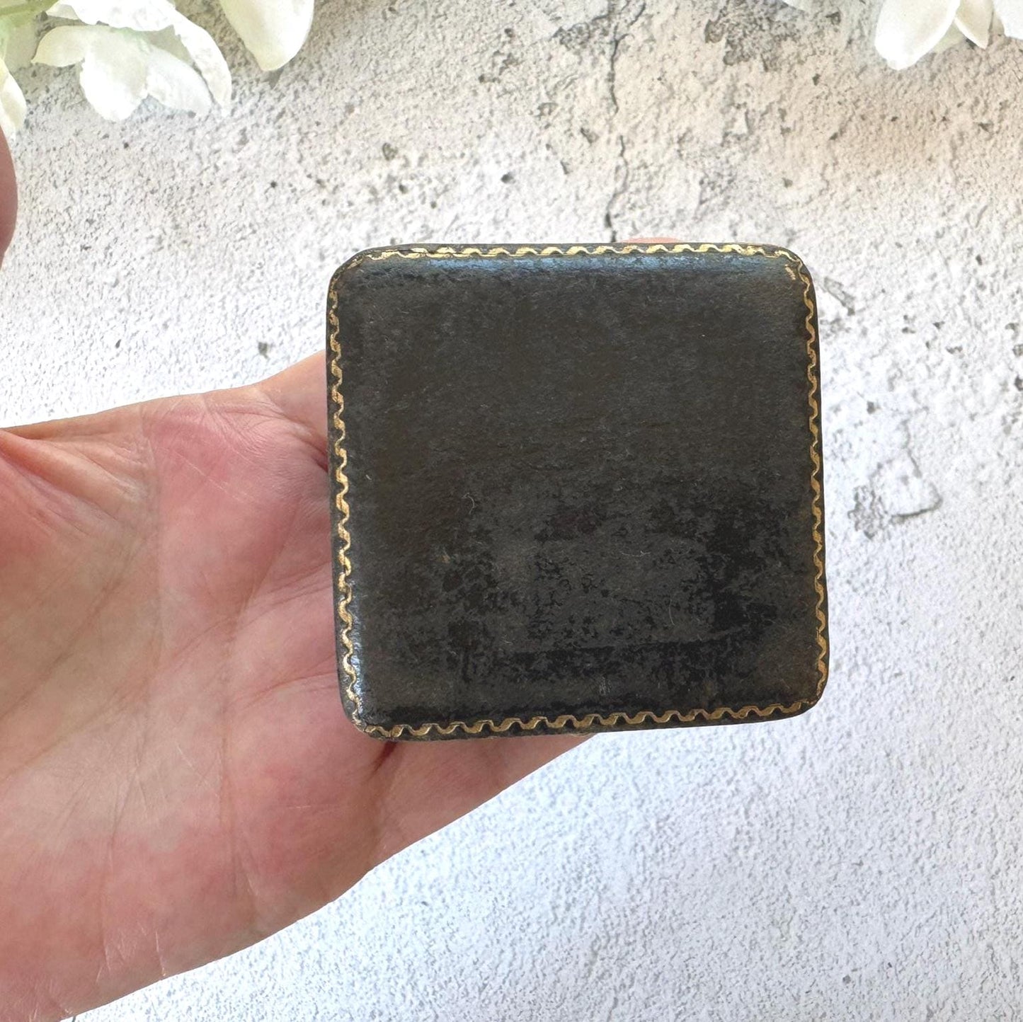 Antique Black & Gold Tooled Leather, Blue Velvet Brooch Box. Square Deep Jewellery Box With Tab For Display/Collection/Gift