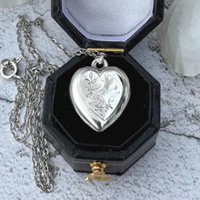 Lade das Bild in den Galerie-Viewer, Antique Victorian Engraved Swallow Heart Pendant Necklace. Victorian Aesthetic Love Token Charm Pendant. Sterling Silver Minimalist Necklace