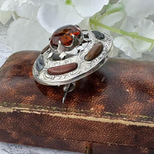 Carica l'immagine nel visualizzatore di Gallery, Antique Victorian Scottish Agate & Citrine Engraved Silver Brooch. Classic Scottish Silver Oval Golden Citrine Cairngorm Brooch/Lapel Pin