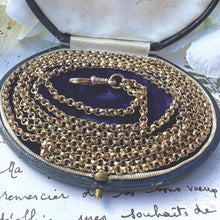 Carica l'immagine nel visualizzatore di Gallery, Antique Victorian 9ct Gold 53" Long Guard Chain Necklace. Gold Filled Belcher Chain With Solid 9ct Gold Dog-Clip. Muff Chain Necklace