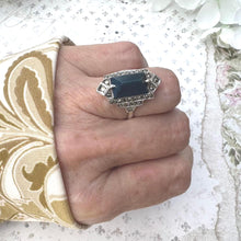 Load image into Gallery viewer, Antique Art Deco 935 Silver Sugar-Loaf Cut Lapis Lazuli Cocktail Ring, Germany. 1920s Egyptian Revival Statement Cocktail Ring, Size M/6.25