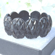 Load image into Gallery viewer, Antique Victorian Carved Whitby Jet Bracelet. Wide Faceted Black Gemstone Mourning Bracelet. Antique Whitby Jet Stretch Cuff Bracelet