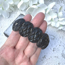 Load image into Gallery viewer, Antique Victorian Carved Whitby Jet Bracelet. Wide Faceted Black Gemstone Mourning Bracelet. Antique Whitby Jet Stretch Cuff Bracelet