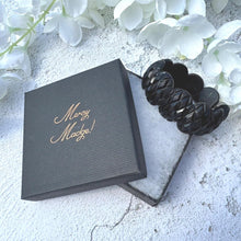 Load image into Gallery viewer, Antique Victorian Carved Whitby Jet Bracelet. Wide Faceted Black Gemstone Mourning Bracelet. Antique Whitby Jet Stretch Cuff Bracelet